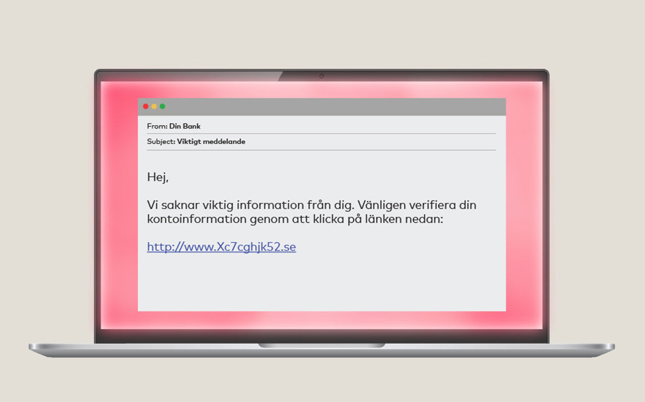 En bärbar dator visar ett e-postmeddelande med en falsk länk för att verifiera kontoinformation.