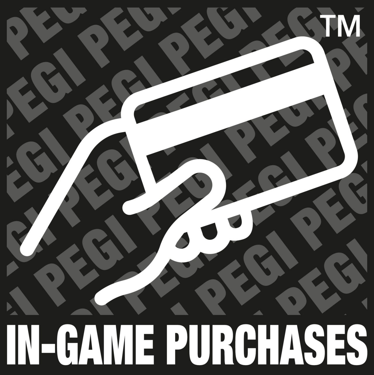In Game Purchases symbol av en hand med ett betalkort, med texten PEGI i bakgrunden